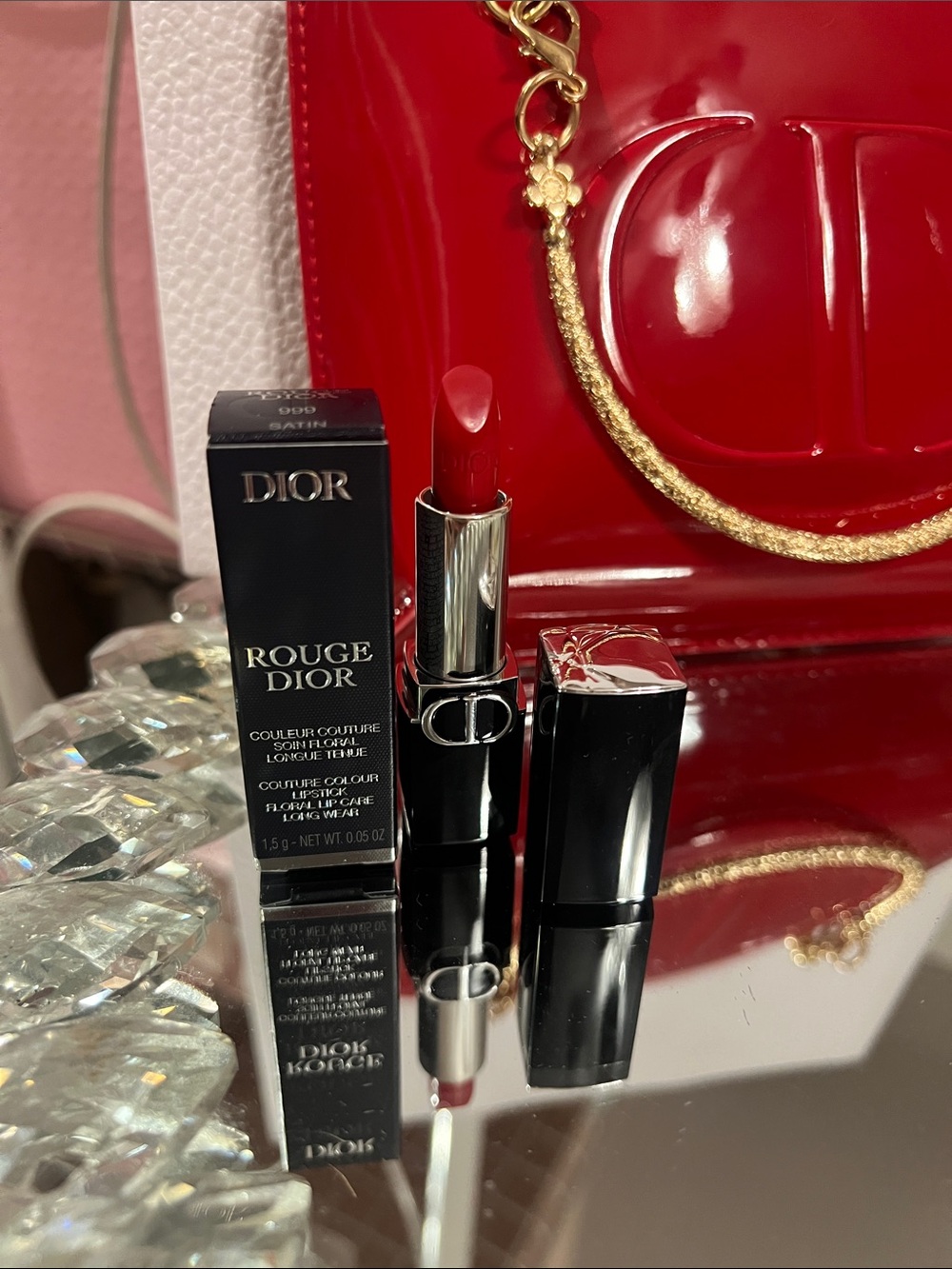Dior Red Pouch with Gold Handles and Mini Deluxe 999 Rouge Red - Picture 3 of 6